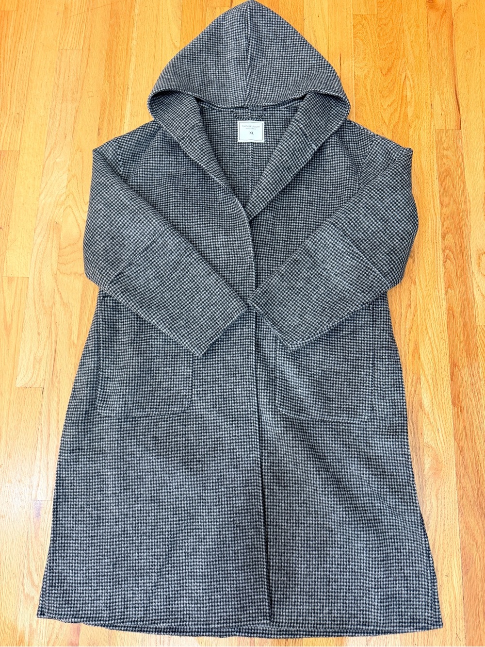 Hooded Longline Trench Coatigan - Gray Houndstooth